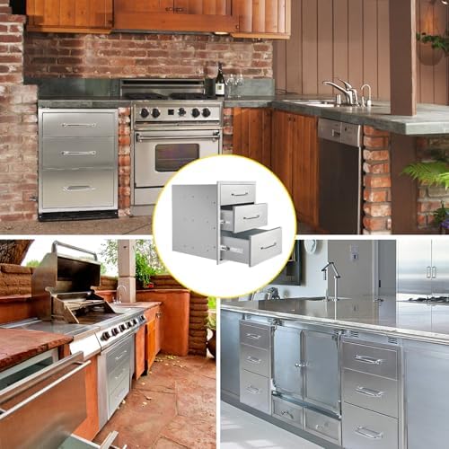 Outdoor Kitchen Drawers 18" W x 23" H x 21" D Flush Mount Triple BBQ Drawers with Chrome Handle Stainless Steel Drawer for Outdoor Kitchen Island, Patio Grill Station - Image 6