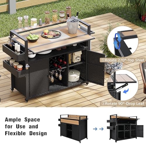 LUMISOL Outdoor Storage Cabinet with Extended Table Top, Outdoor Grill Cart with Storage Cabinet, 52.8" W Kitchen Island on Wheels for Backyard Garden, Double Handle, Black - Image 5