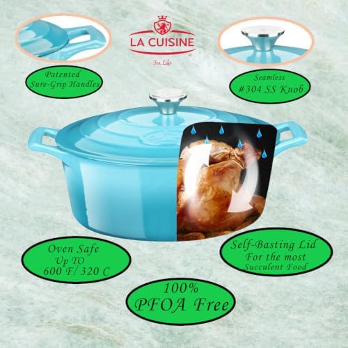 La Cuisine Enameled Cast Iron Oval Dutch Oven Casserole Pot with Lid 5 QT Internal Matte Black Enamel Coating for bread baking For GlassTop Oven-Safe 550°F/276°C 2-ToneTeal - Image 2