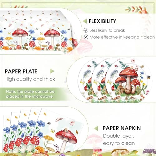 41Pcs Mushroom Birthday Decorations Enchanted Forest Party Tableware Set Wonderland Wildflower Mushroom Paper Plates Napkins Tablecloth丨Baby Shower Fairy Tale Party Cottagecore Party Decor,Serve 20 - Image 3