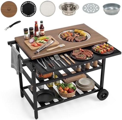 Giantex Outdoor Grill Cart with Korean BBQ Charcoal Grill, Dual Cooking Surfaces, Rolling Food Prep Table with Foldable Side Shelf, Storage Shelves, Wood-Look Top, for Patio, Party & Backyard Cooking by Giantex