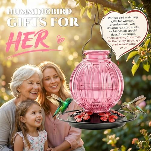 2 Pack Glass Hummingbird Feeder for Outdoors Hanging, Bird Nectar Feeder with Perch & 5 Flower Feeding Ports, 26 Oz Leak Proof for Outside Garden Decor Backyard, Gifts for Women Mom, Red + Pink - Image 7