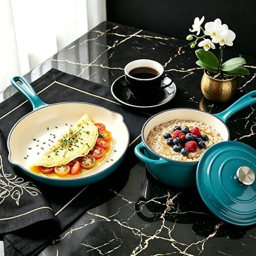 QuliMetal Enameled Cast Iron Cookware Set, 4-Piece Pots and Pans Set with Lids, 10.25" Skillet, 2QT Saucepan, 2.8QT & 4.8QT Dutch Ovens, Oven Safe to 500°F, All Stovetops Compatible - Teal - Image 6