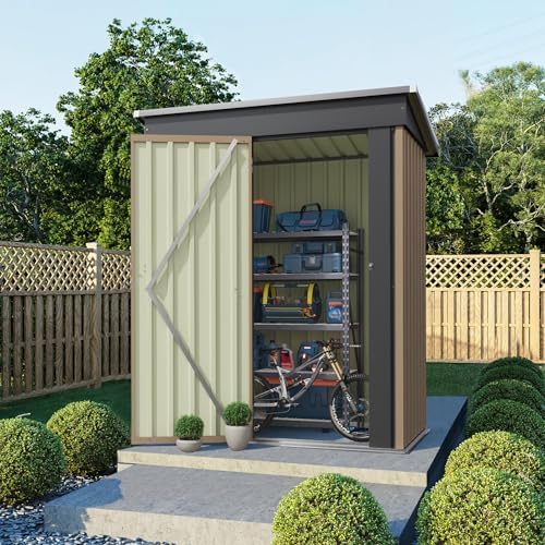 Flamaker 5x3 FT Storage Shed Waterproof Metal Garden Shed with Lockable Door Utility Tool Shed Outdoor Storage for Backyard, Patio and Lawn, Brown - Image 2
