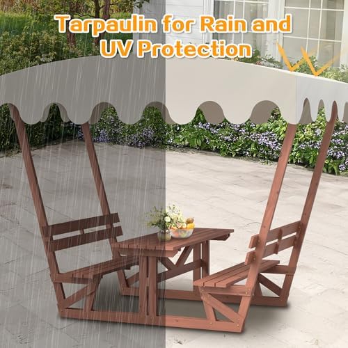 Outdoor Waterproof Solid Wood Picnic Table and Bench Set with Removable Canopy - Suitable for All-Weather patios, Gardens, Decks, Parks, Beaches - Image 5