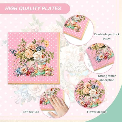 48pcs Floral Tea Party Decoration Set,16 Dessert plate,16 Napkin And 16 Fork,Floral Tea Disposable tableware for 16 persons,Used for Baby Shower Wedding Party Supplies - Image 3
