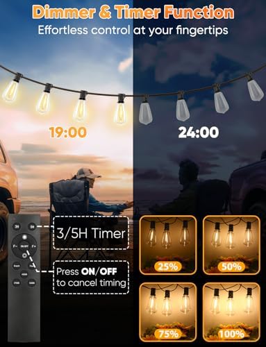 Brightever 180FT LED String Lights with Remote Control, 2700K/4000K/5000K Selectable Outdoor Patio Lights with 56 Shatterproof ST38 Edison Bulbs, 3 Modes Dimmable Outside Light for Yard, Porch - Image 4