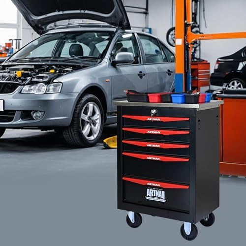 5-Drawer Heavy-Duty Rolling Steel Tool Cart with Handle&Wheels, Metal Storage Organizer Cabinet, Tool Chest for Efficient Tool Storage in Garage, Warehouse, Workshop, Repair Shop, Black&RED - Image 2
