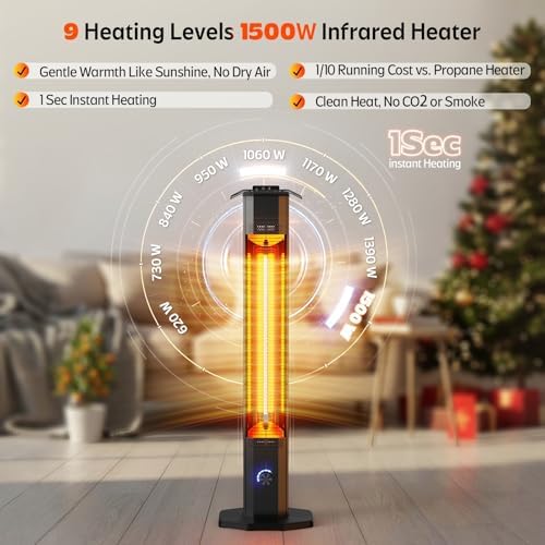 Outdoor Electric Patio Heater, 42-inch 1500W Infrared Tower Heater with 9 Heat Settings & 9H Timer, IPX5 Waterproof, Safety Lock, Tip-Over & Overheat Protection Space Heater for Indoor & Outdoor Use - Image 3
