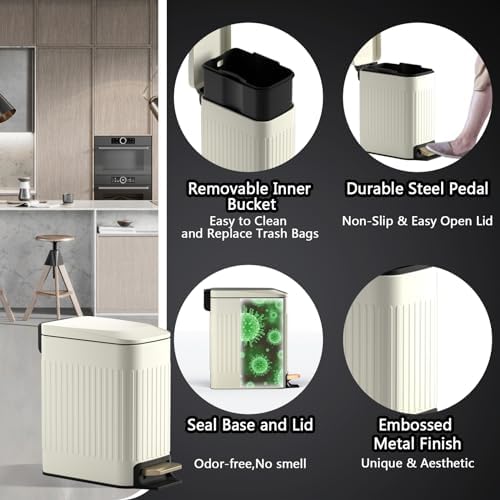 CEROELDA Small Bathroom Trash Can with Lid-6L/1.6 Gal-Soft Close Lid-Beige - Image 4