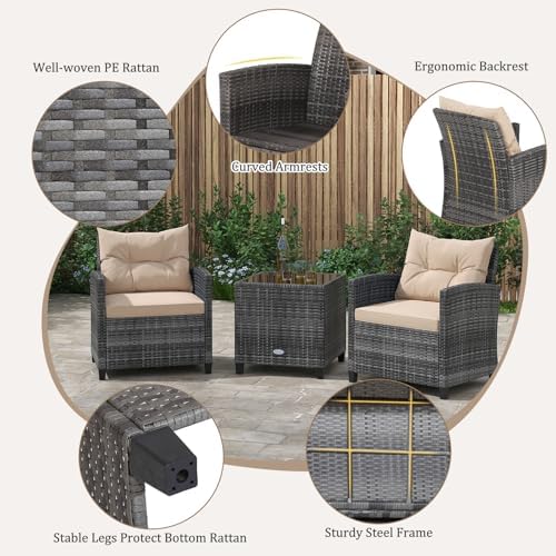 RELAX4LIFE 3 Piece Patio Furniture Set, Wicker Bistro Conversation Set w/2 Cushioned Armchairs & Glass Topped Table, Outdoor Rattan Sofa Set Patio Furniture for Porch Balcony Poolside (Grey-Beige) - Image 4