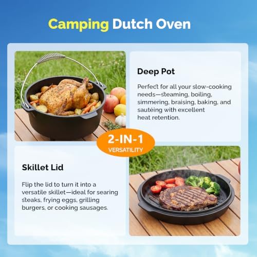 ROVSUN 7.9 QT Cast Iron Dutch Oven with Lid, Pre-Seasoned Camping Pot for Campfire Grill & Oven, 2-in-1 Skillet Lid + Lid Lifter Hook, Outdoor Cast Iron Camping Cookware for 6-8 People - Image 6