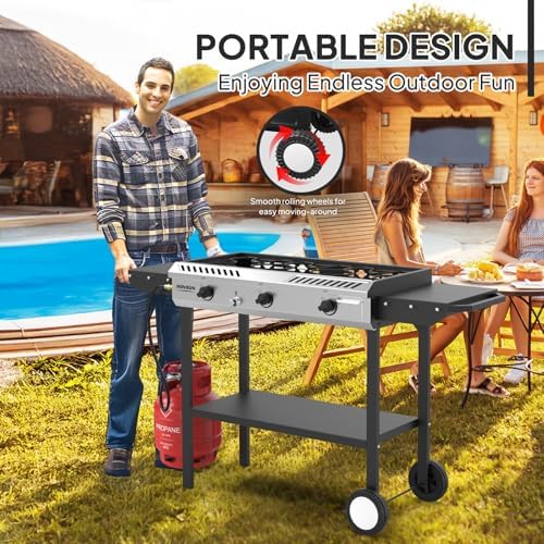 ROVSUN 3 Burner Outdoor Propane Gas Stove with Ignition, Regulator & Side Shelves, 225,000 BTU Rolling Gas Stove Outdoor Cooker for Backyard Patio Cooking Home Camping Brewing Canning Turkey Frying - Image 5