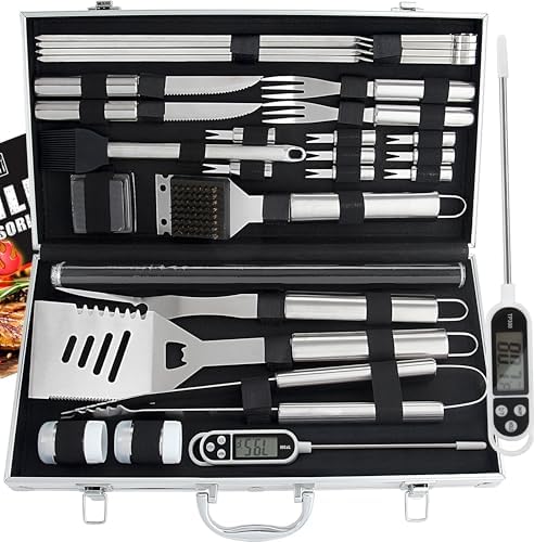 ROMANTICIST 28pcs BBQ Accessories Set with Thermometer - The Very Best Grill Gift on Birthday Wedding - Heavy Duty Stainless Steel Grill Set in Case for Outdoor Cooking Camping Grilling Smoking by ROMANTICIST