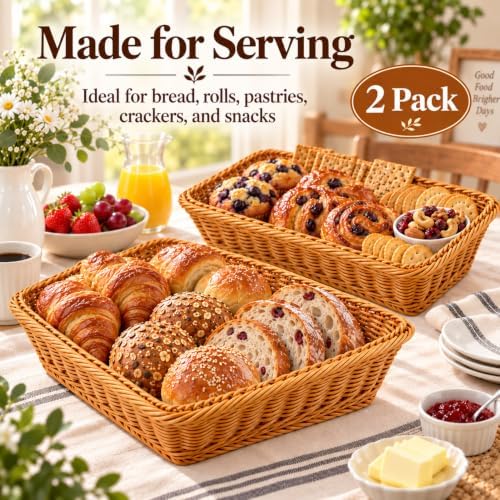 2 Pack Wicker Bread Baskets, 17.7 Inch Rectangular Serving Trays - Image 5