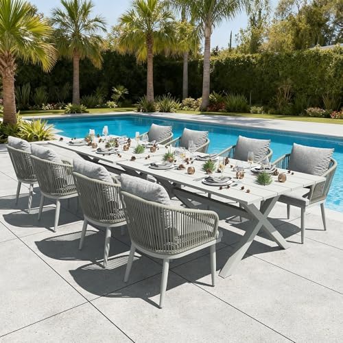 LayinSun 10 Pieces Outdoor Patio Dining Set, Aluminium Rectangular Dining Table and Wicker Rattan Chairs Set for Outside Backyard, Poolside by LayinSun