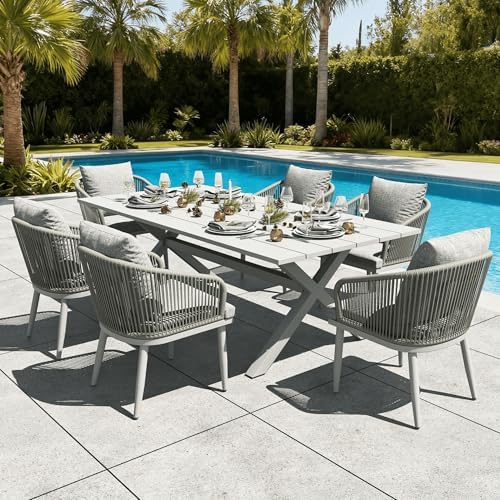 LayinSun 7 Pieces Outdoor Patio Dining Set, Aluminium Rectangular Dining Table and Wicker Rattan Chairs Set for Outside Backyard, Poolside by LayinSun