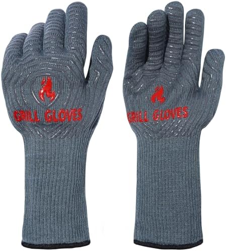 QUWIN BBQ Gloves, Oven Gloves 1472℉ Extreme Heat Resistant, Grilling Gloves Silicone Non-Slip Oven Mitts, Kitchen Gloves for BBQ, Grilling, Cooking, Baking-1 Pair… (Grey, One Size(Long Cuff)) by QUWIN