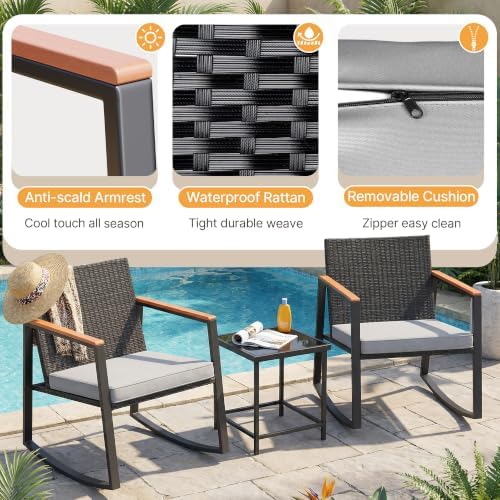 Gizoon 3 Pieces Rocking Patio Bistro Set with Anti-Scald Armrest - Image 4