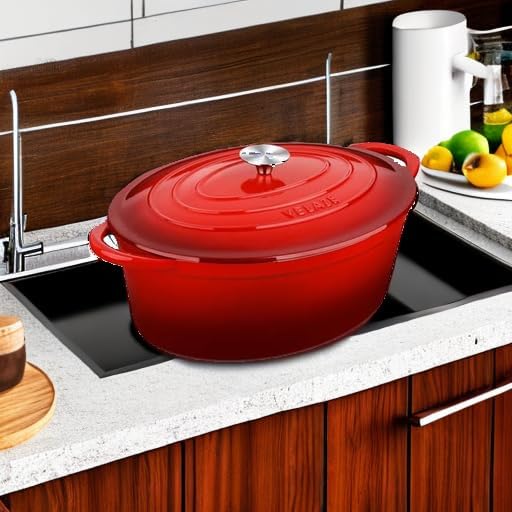 Velaze 7.5 QT Oval Enameled Cast Iron Dutch Oven Pot with Lid,Red - Image 5
