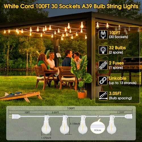 Larkvue 100FT Outdoor String Lights, Patio Light with 32 A39 Bulbs, White - Image 2