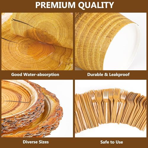 Kochorie 175 Pieces Rustic Wood Slice Party Supplies Camping Wood Grain Slice Tableware Set 7 Inch and 9 Inch Paper Plates Napkins Cups Cutlery for Hunting Birthday Party Decorations, Serve 25 Guests - Image 3