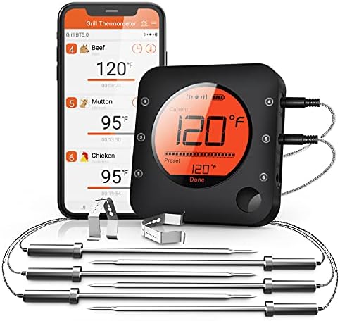 BFOUR Bluetooth Meat Thermometer Wireless Meat Thermometer, Wireless Digital Grill Thermometer with 6 Temperature Probes, Large LCD Display, Bluetooth Thermometer for Grill, Smoker, Oven and BBQ by BFOUR