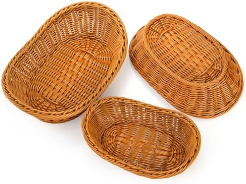 Yarlung 3 Pack Small Woven Breads Baskets, Oval Fruit Baskets Stackable Plastic Wicker Basket for Serving Vegetables, Kitchen, Restaurant, Outdoor, Imitation Rattan Brown, 3 Sizes - Image 4