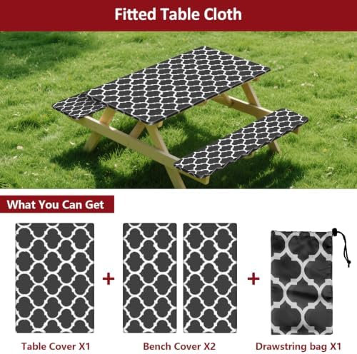 7ft 84in Picnic Table and Bench Cover, 3 Pack, Black-White Moroccan - Image 3