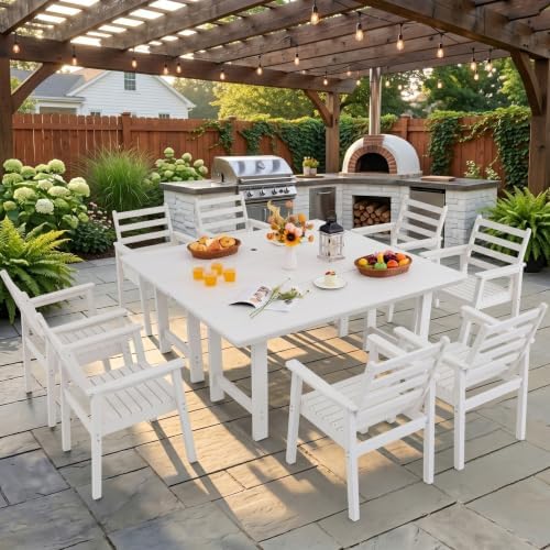 10-Piece Outdoor Dining Set, All-Weather HDPE Patio Furniture, Two 66.5" Slatted Table with 1.6" Umbrella Hole & 8 Ergonomic Armchairs, Heavy Duty 350lbs Capacity, UV Resistant, White - Image 3