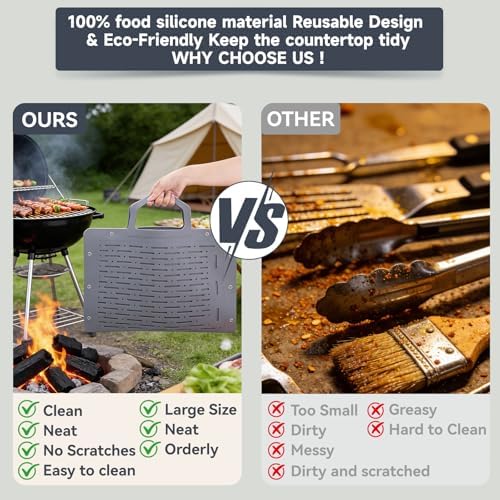 LIONROGE Large Silicone Grill Mat, Foldable Silicone Griddle Tools Spatula Mat with Drip Pad & Handle & Snap Buttons, Portable BBQ Side Shelf Mats Grill Pad for Blackstone Griddles Accessories,Gray - Image 3