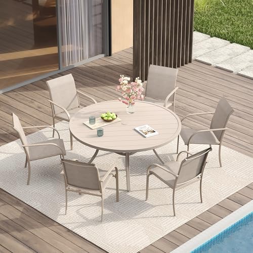 VICLLAX 7 Pieces Patio Dining Set, Outdoor Furniture Set Includes 47.2" Round Patio Table and 6 Patio Sling Chairs, Sandshell Color Tabletop and Fabric by HOME