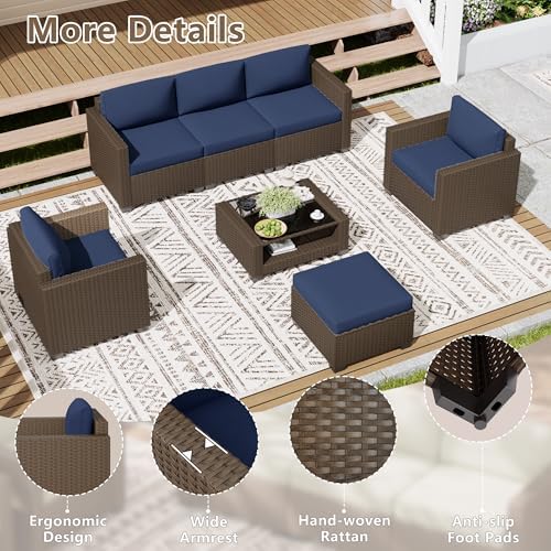 LOUVIXA 7 Piece Outdoor Patio Furniture Set, Rattan Chairs Glass Table Wicker Conversation Seating Sectional Sofa with Cushions (Brown-Navy, 7Pcs-2 Layer Coffee Table) - Image 6