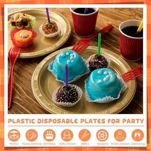 Plastic Plates 9 Inch Plastic Solid Round Party Dessert Dinner Plates for Weddings Party BBQs Birthday Camping and Anniversary (30, Gold) - Image 4