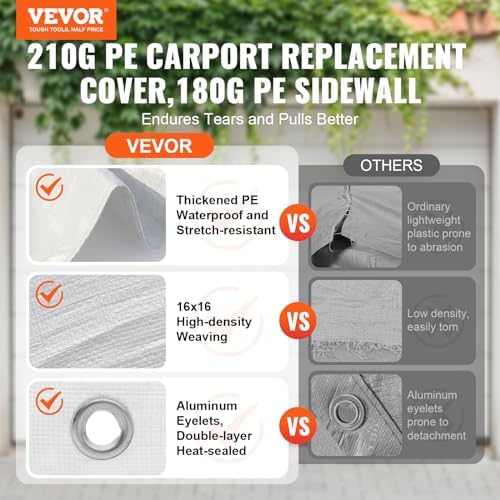 VEVOR Carport Replacement Canopy Top Cover + Sidewall 10 x 20 ft, Garage Tent Shelter Tarp Heavy-Duty Waterproof & UV Protected, Easy Installation with Ball Bungees,White (Frame Not Included) - Image 2