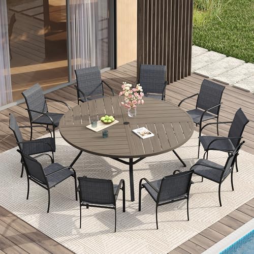 VICLLAX Patio Table and Chair Set of 10, All Weather Metal Round Outdoor Dining Furniture Set-59.9" Round Outdoor Table and Chairs, Grey Wood Grain Tabletop by HOME
