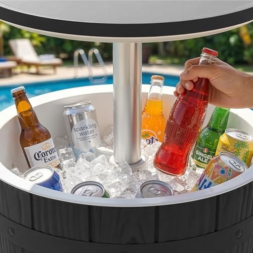 EasyUp Outdoor Resin Ice Bucket & Beverage Cooler-Patio Cooler Table with UV Protection,Wood-Look Side Tables for Your Patio, Picnic, and Beach Party (Black) - Image 7