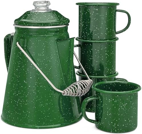 COLETTI Classic Enamel Set Coffee Percolator & Mugs — The Most Nostalgic Camping Coffee Pot, Now Modernized [Green Enamel, 12 Cup Percolator Coffee Pot & Set of 4 Mugs] by COLETTI