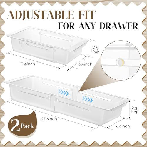 2 Pack Deep Drawer Organizer Bins, Adjustable Sliding Drawer Organizer Bin Expandable Tray for Kitchen Utensils, BBQ Tools, Towels, Durable Plastic Sliding for Easy Storage (17" to 27") - Image 5