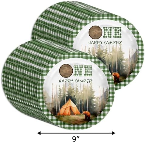 One Happy Camper Boy's First Birthday - 32 Piece Disposable Party Supplies - Decorations for Camping 1st Birthday Round Party Plates - Large 9" Paper Plates In Bulk - Image 2