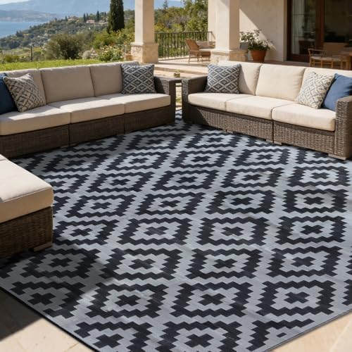 SAND MINE Waterproof Outdoor Rug, Plastic Reversible Rug, Modern Area Rug, Large Floor Mat for Outdoors, RV, Patio, Backyard, Deck, Picnic, Beach, Camping (10' x 10', Black Grey Lattice) by SANDMIND