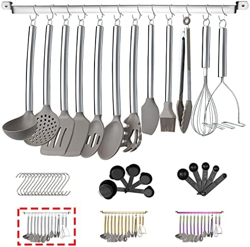 38 Piece Silicone kitchen Cooking Utensils Set with Utensil Rack, Silicone Head and Stainless Steel Handle Cookware, Kitchen Tools for Utensil Sets, Non-Stick kitchen Gadgets, Dishwasher Safe(Silver) by HOMQUEN