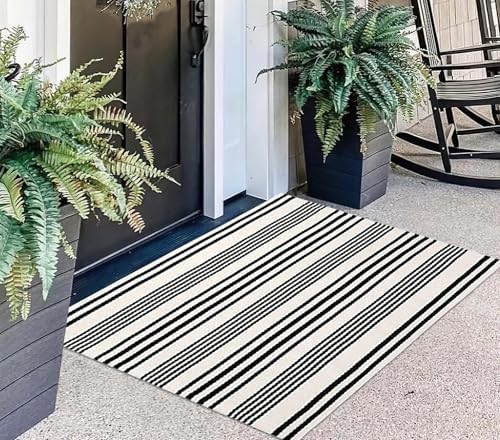 Black and White Striped Doormat 24"x35"Cotton Washable Fall Layering Rug - Image 5