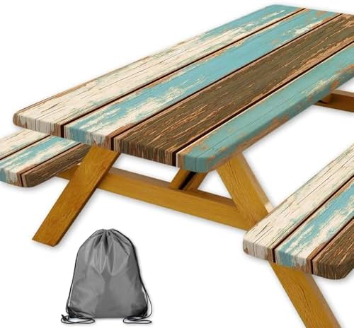 Picnic Table Cover with Bench Covers, Camping Essentials, Farmhouse Wood Green Waterproof Windproof Table Cover, Fitted Tablecloth Cover with Elastic Edge, for Indoor & Outdoor, 3 PCS, 30x60 Inch by Xguatan