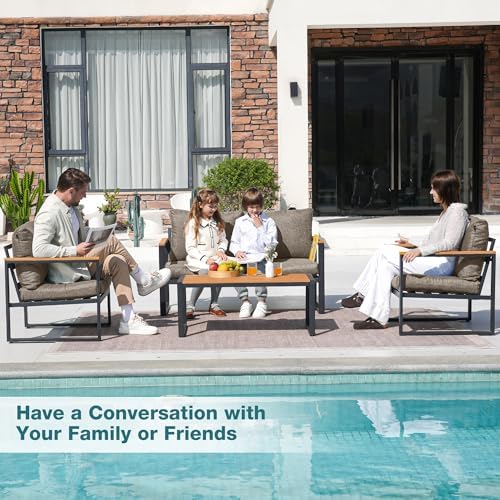 4 Pieces Metal Patio Furniture Set for Outdoor Balcony, Coffee - Image 3