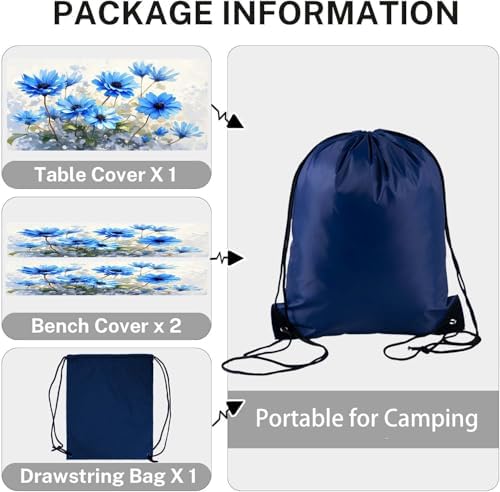 CAPSCEOLL Fitted Picnic Table Cover with Bench Covers 5ft - Blue Flowers - Image 6