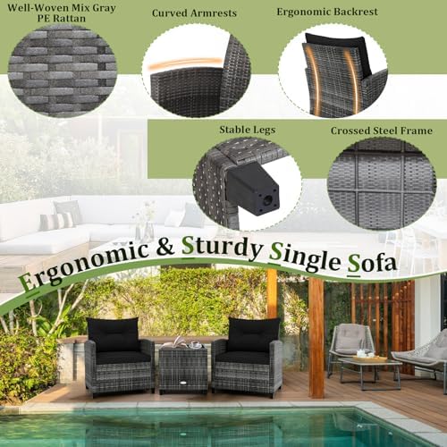 RELAX4LIFE 3 Piece Patio Furniture Set, Wicker Bistro Conversation Set w/2 Cushioned Armchairs & Glass Topped Table, Outdoor Rattan Sofa Set Patio Furniture for Porch Balcony Poolside (Grey-Black) - Image 4