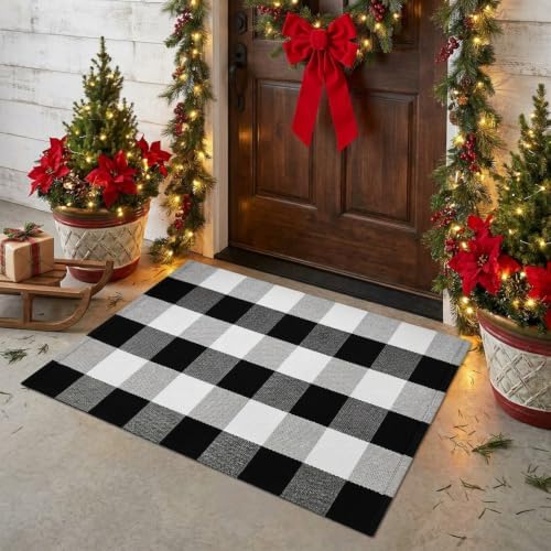 MUBIN Fall Decor Cotton Buffalo Plaid Rug, 2'x3' Black and White Outdoor Porch Front Door Mat, Washable Doormat Hand-Woven Foldable Area Rug Layered Door Mats Rug for Front Porch, Entryway - Image 3
