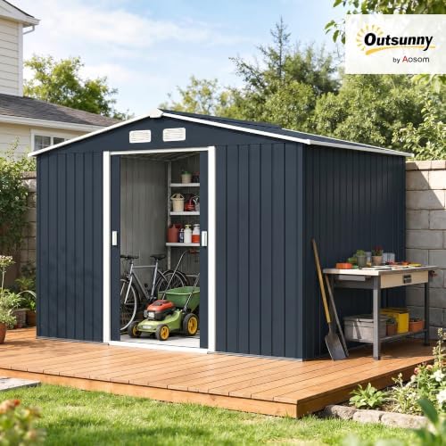 Outsunny 9' x 6' Outdoor Storage Shed Garden Tool Metal Shed Dark Gray - Image 2