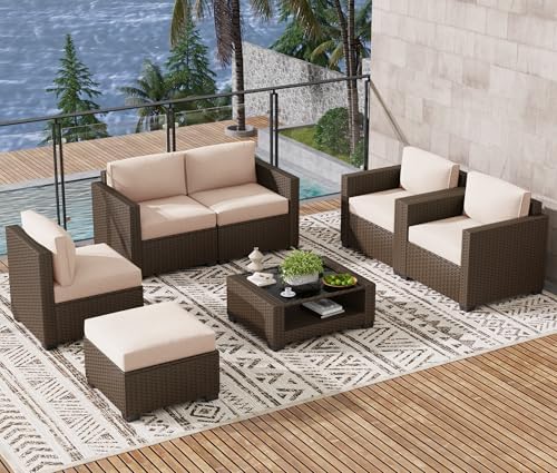 LOUVIXA 7 Piece Outdoor Patio Furniture Set, Rattan Chairs Glass Table Wicker Conversation Seating Sectional Sofa with Cushions (Brown-Beige, 7Pcs-2 Layer Coffee Table) - Image 4